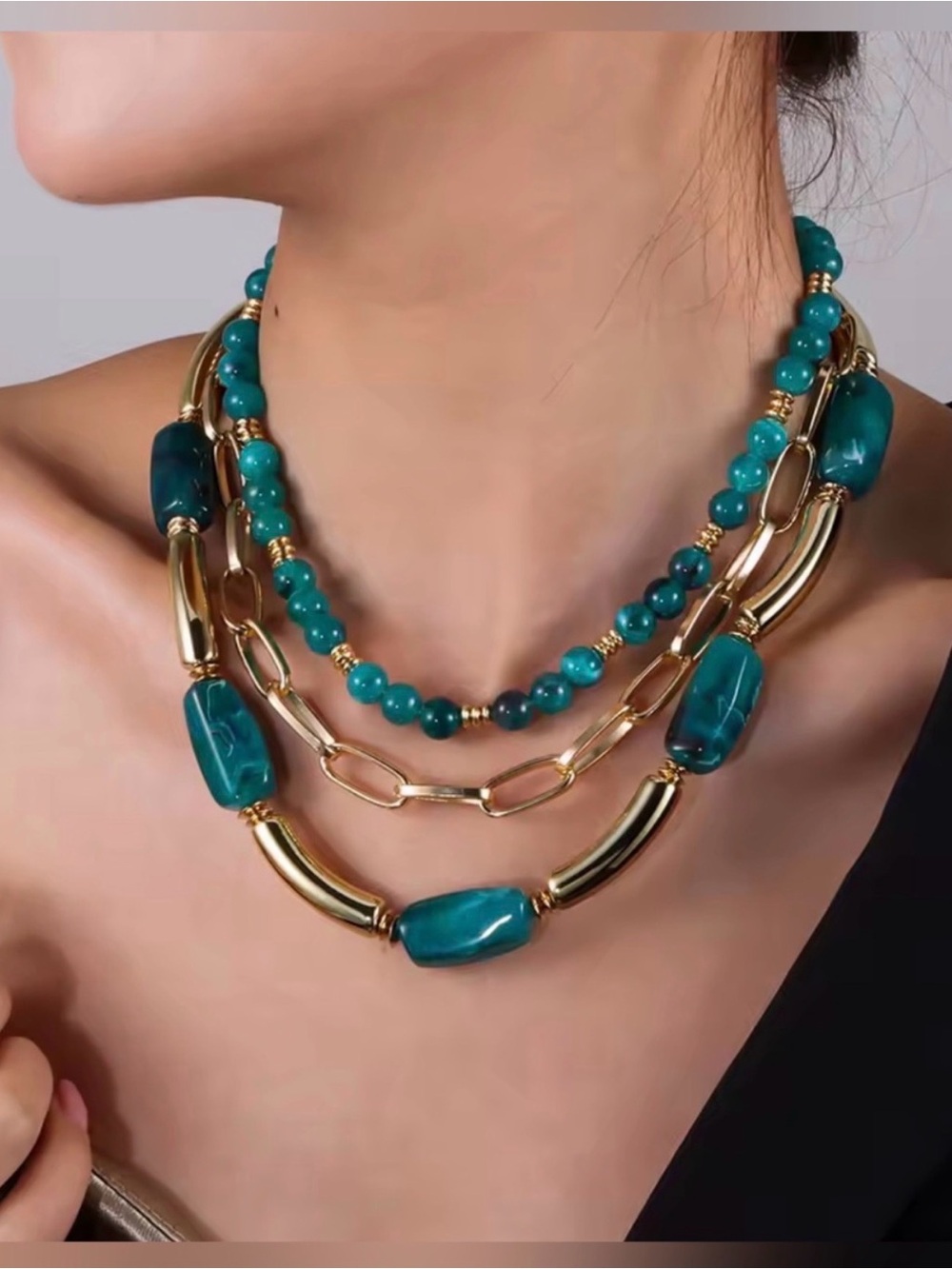 Layered Teal Bead and Gold-Link Necklace - Blue Turquoise Jewelry